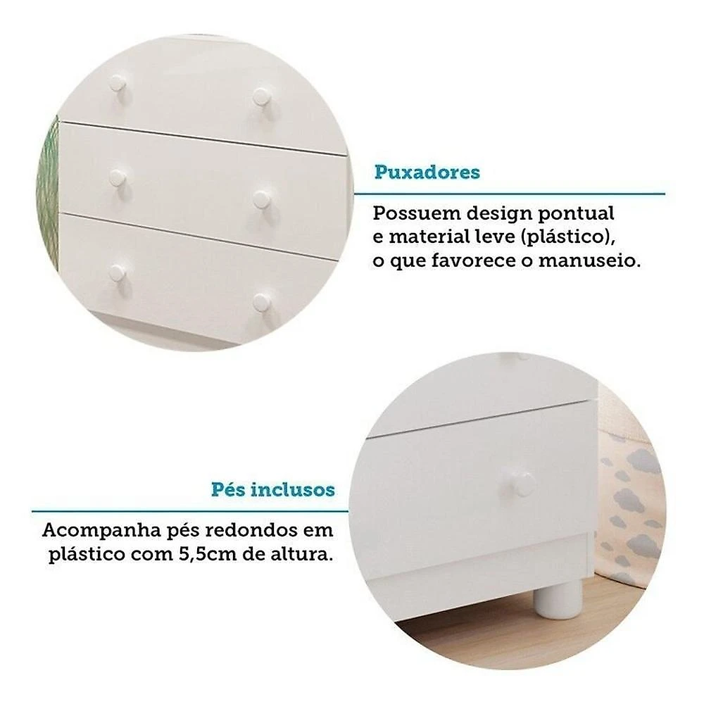Quarto de Bebê com Cômoda 4 Gavetas e Berço 4 em 1 Minicama 100% Mdf Mike Espresso Móveis Branco Brilho/Amêndoa
