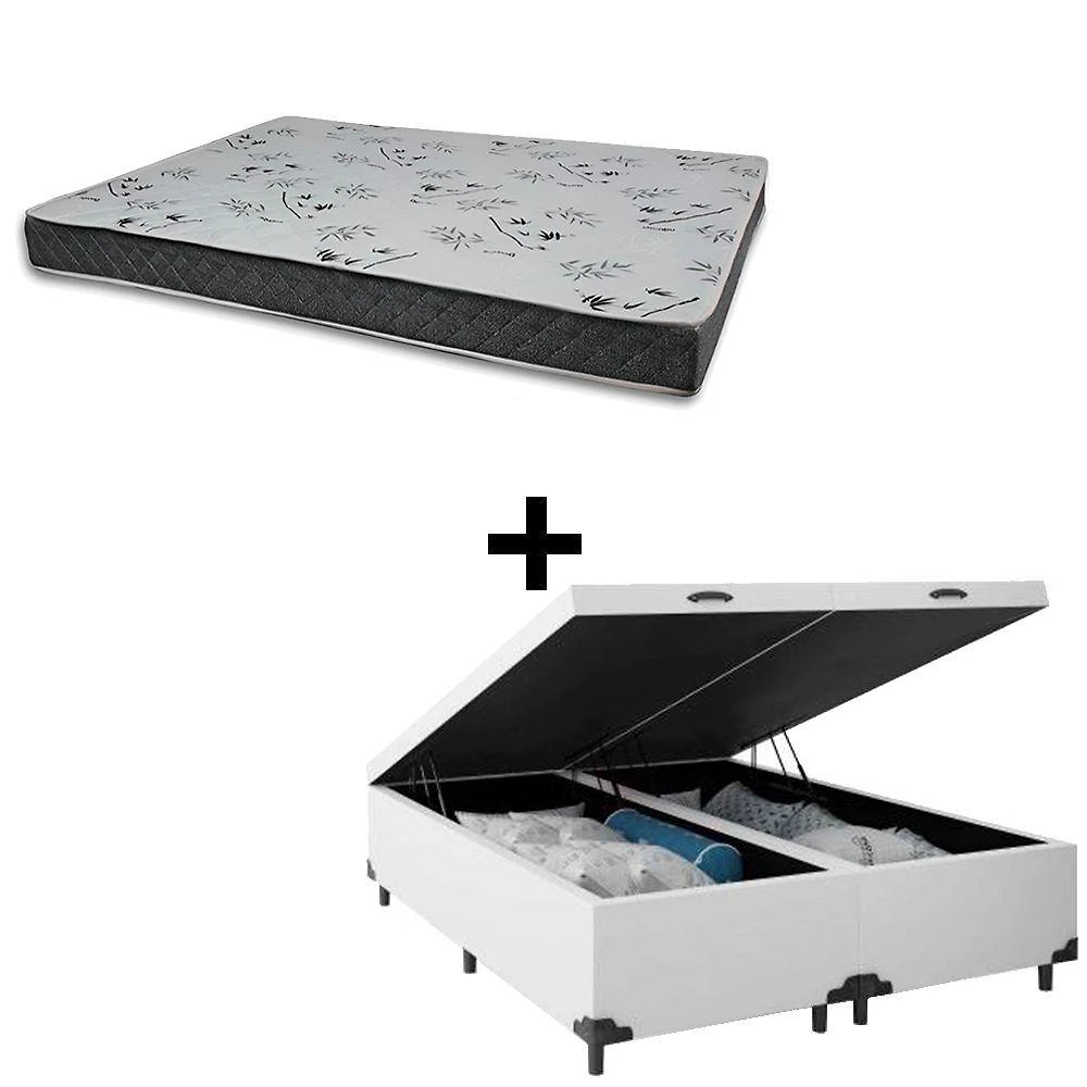 Cama Baú King 193 Tecido Sintético Branco Com Colchão Miller - 100% Espuma - D33 Cinza 55x193x203