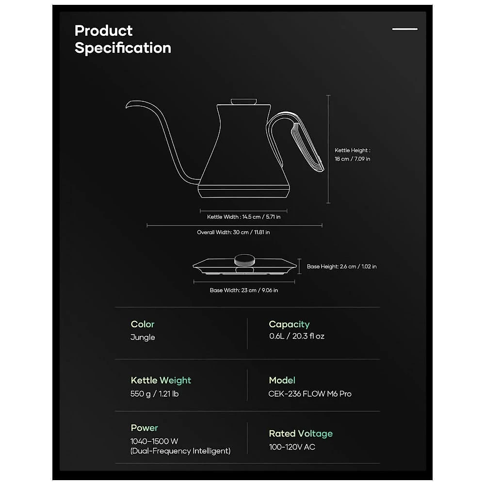 Chaleira elétrica Cocinare FLOW M6 Pro Jungle 0,6L bico pescoço de ganso controle de temperatura 1500W 110V