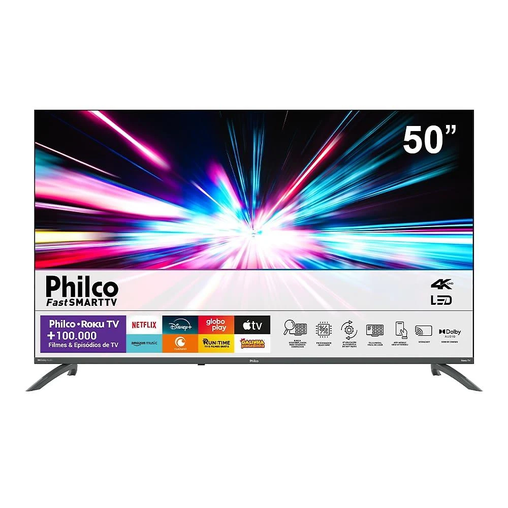 Smart tv philco 50" 4k led ultra hd ptv50va4regb sistema operacional roku tv e entradas usb e hdmi