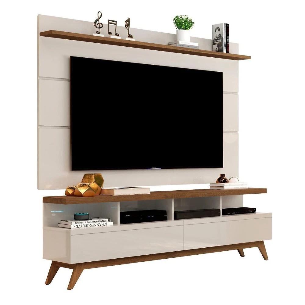 Miniatura Rack com Painel para Tv 60 Polegadas Pés em Madeira Maciça Off White/Freijó