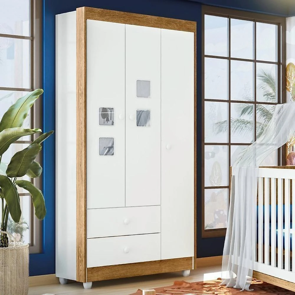Quarto de Bebê com Berço Mini Cama, Cômoda 1 Porta 4 Gavetas e Roupeiro 100% Mdf 3 Portas 2 Gavetas Branco/Madeirado Ypê