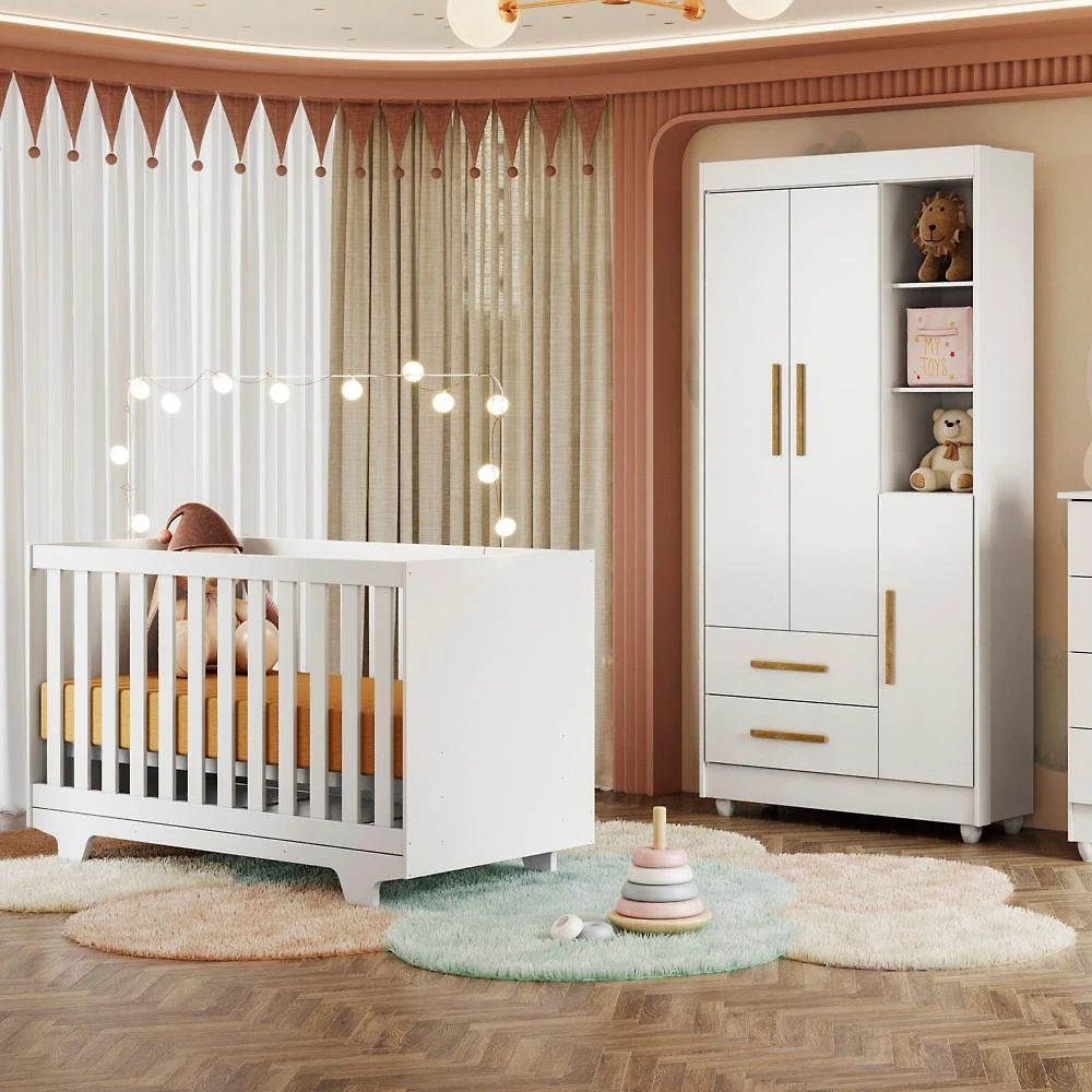 Quarto de Bebê Guarda Roupa 3 Portas e Berço Mini Cama 100% MDF com Colchão Nina 