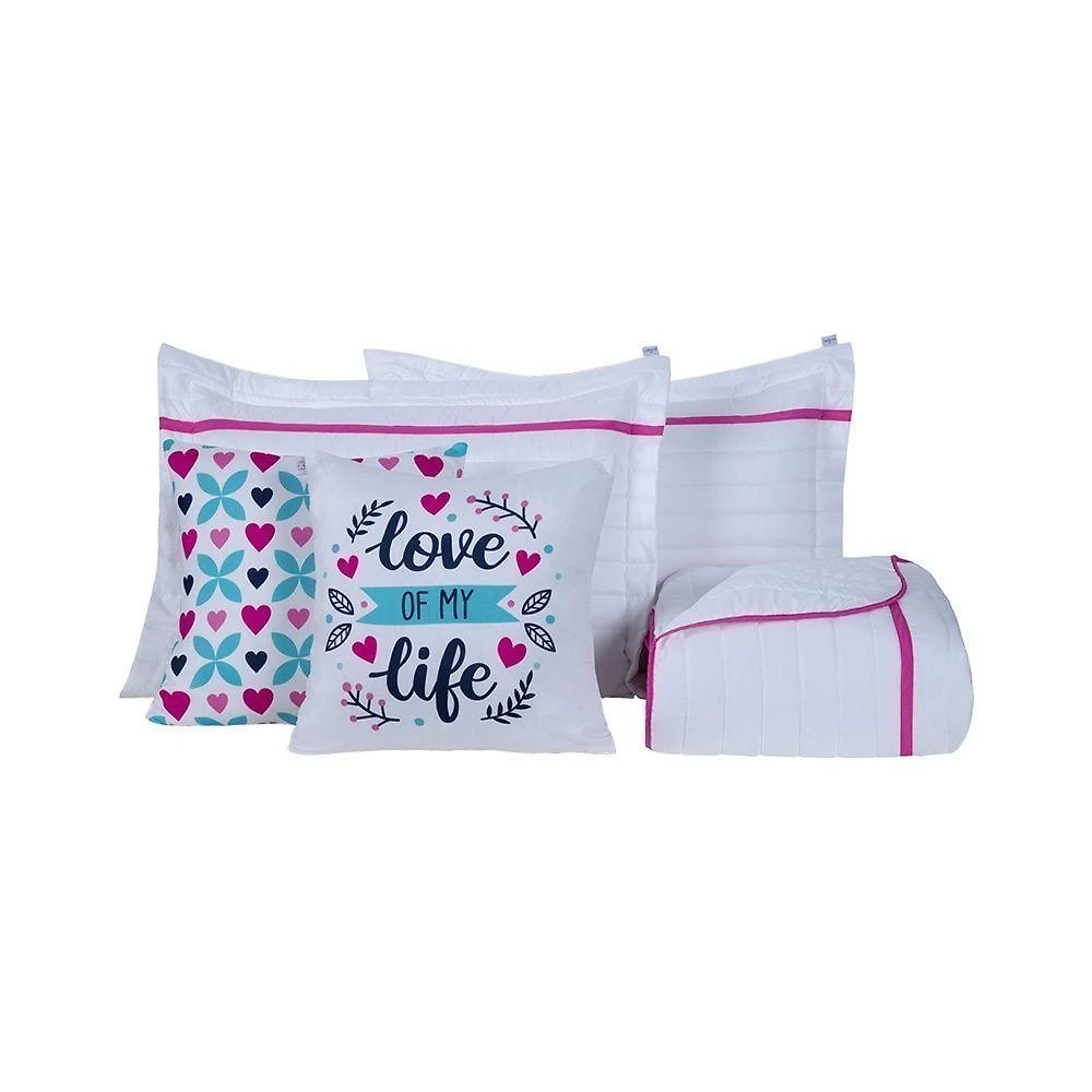 Kit Cobre Leito 5 Peças Queen Inove Percal 200 Fios 100% Poliéster - Love Branco/pink
