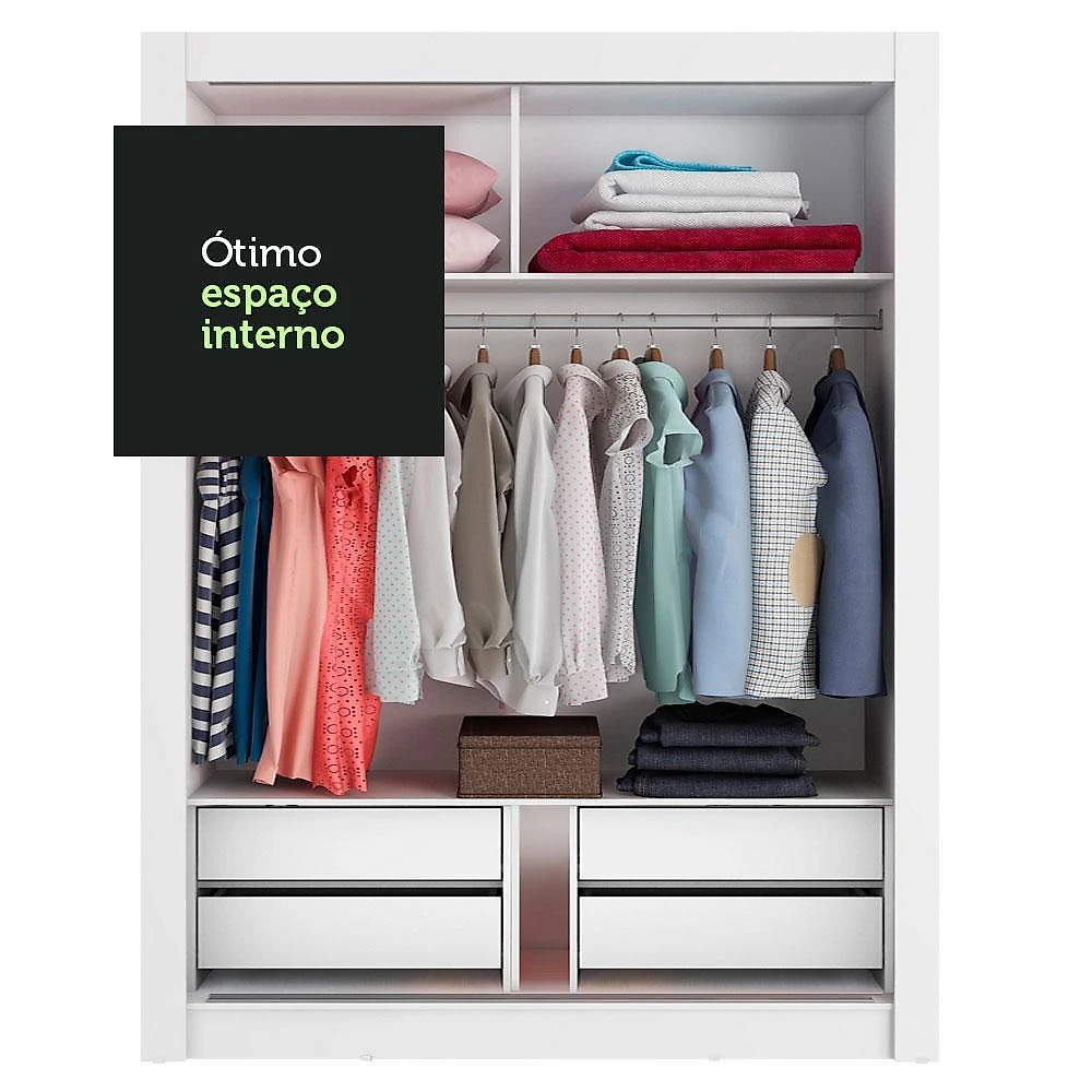 Guarda-roupa solteiro madesa dallas plus 2 portas de correr com espelho 4 gavetas - branco/rustic