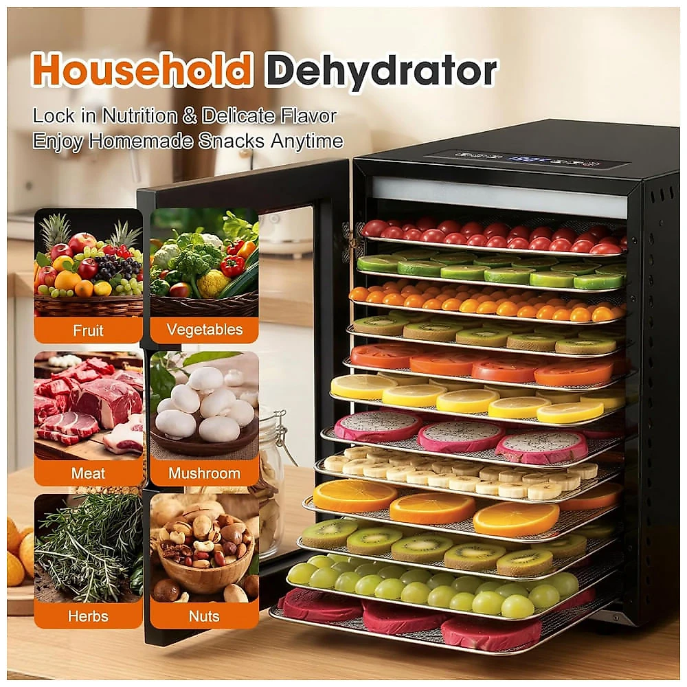 Desidratador de Alimentos Cercker Preto 12 Bandejas de Aço Inoxidável 1000W com Controle Digital 120V