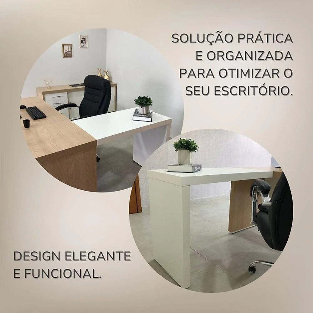 Conjunto Mesa Escritório Tamburato com Gavetas Lado Direito e Mesa de Apoio Carvalho / Branco