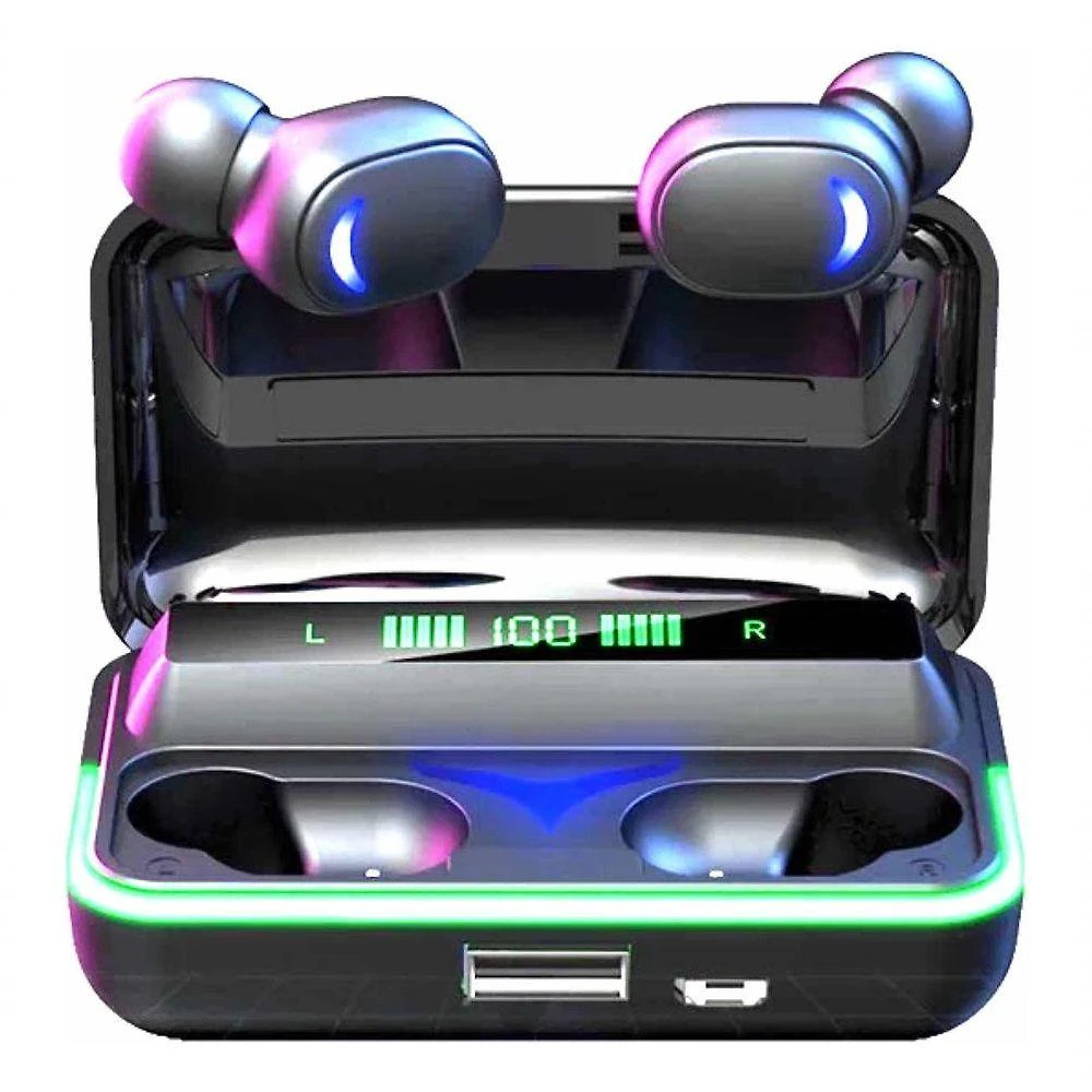 Fone de Ouvido Carisma E10 TWS Bluetooth Luz LED Azul-Turquesa à Prova D-água Preto