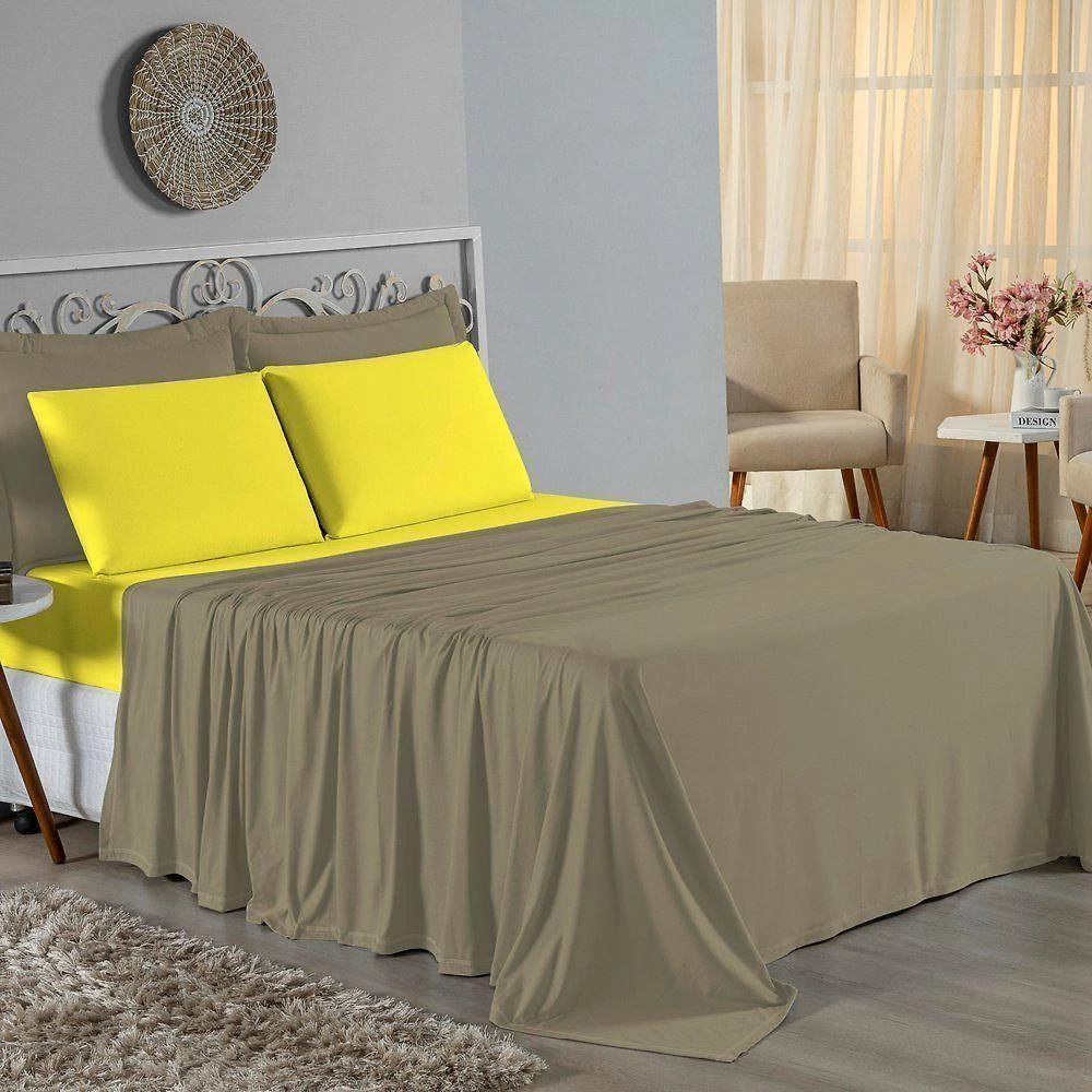 Jogo De Cama Solteiro Nobre 3 Peças Lençol Com Elástico De 30cm De Altura Malha 100% Algodão - Avelã / Amarelo