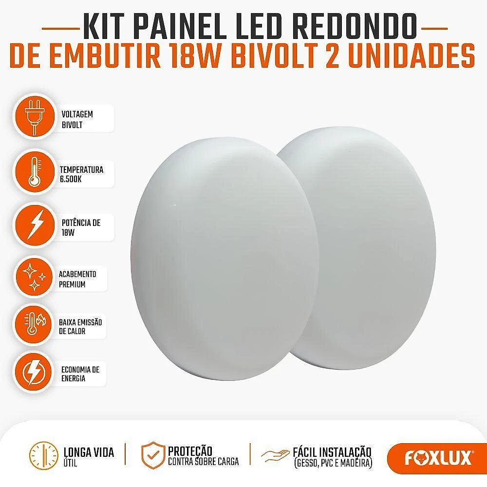Painel LED Redondo Embutir Iluminação Uniforme Baixo Consumo Branco Frio 6500K Bivolt Foxlux