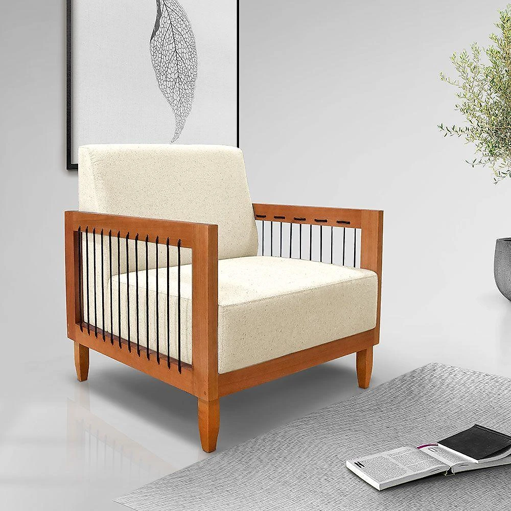 Kit 2 Poltronas Decorativa Marilia Linho Bege Base Em Madeira Castanho - Pallazio