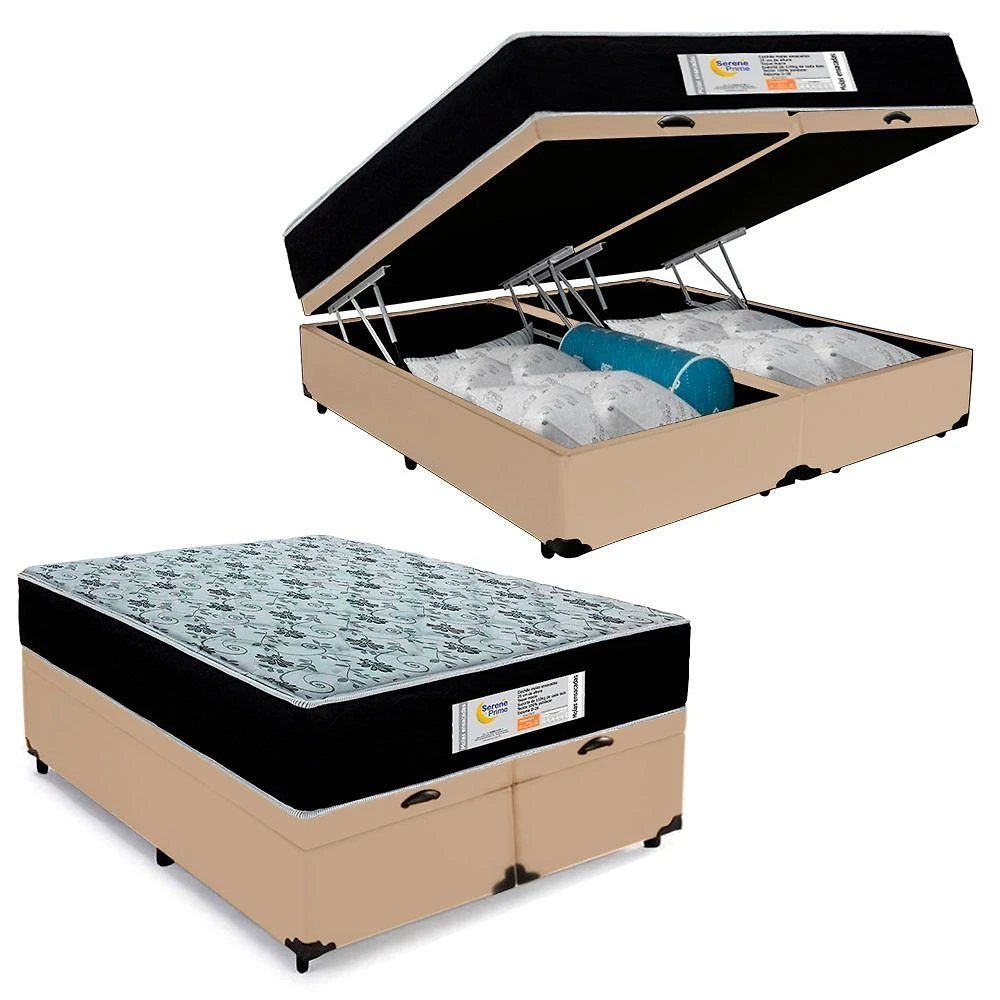 Cama Box Baú Queen Bipartido Sintético + Colchão Molas Ensacadas Sereneprime Sonnolux 158x198x69 Cor:bege