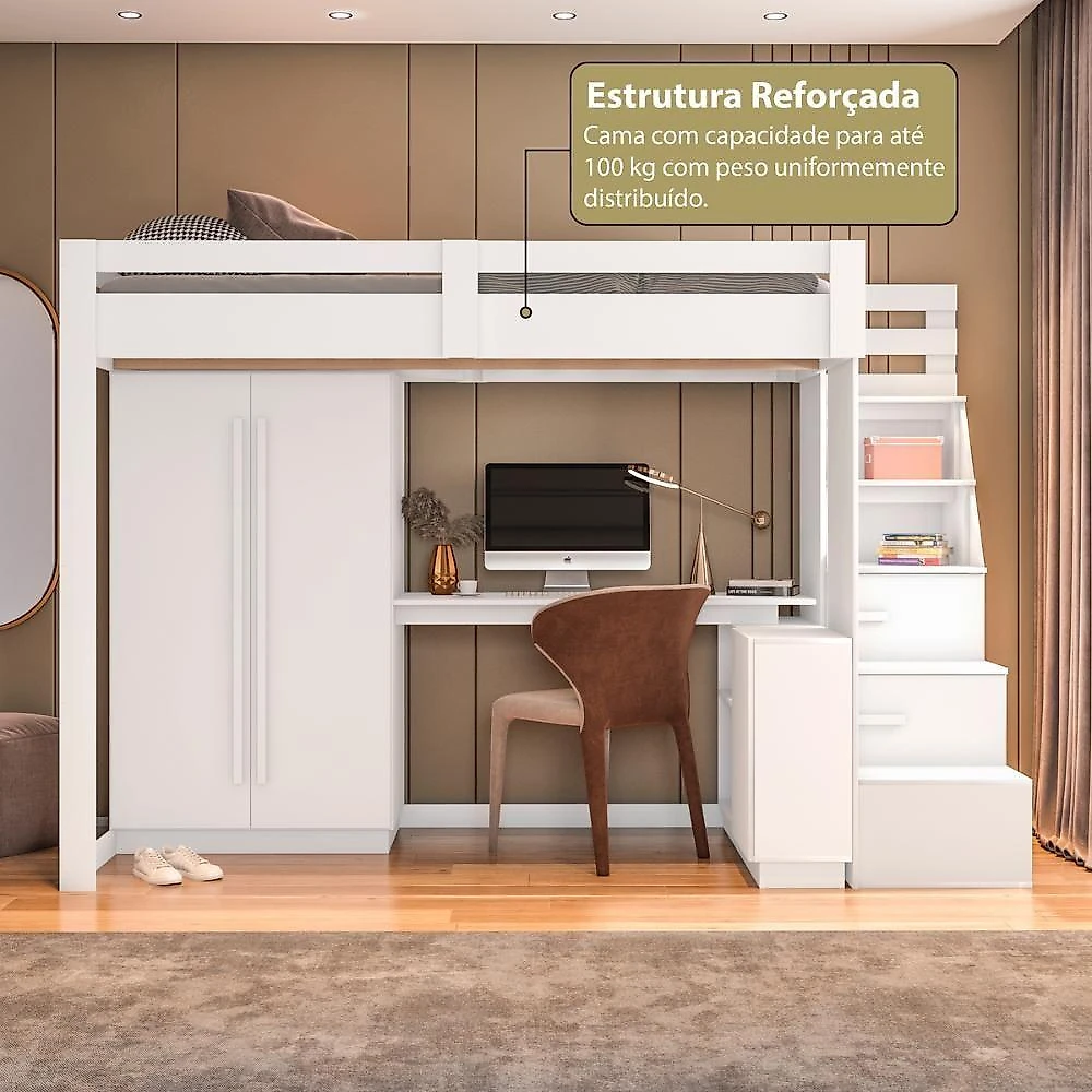 Cama Solteiro Alta com Guarda Roupa e Escrivaninha CRRUI-CAM014 MDF MDP Branco Multimóveis