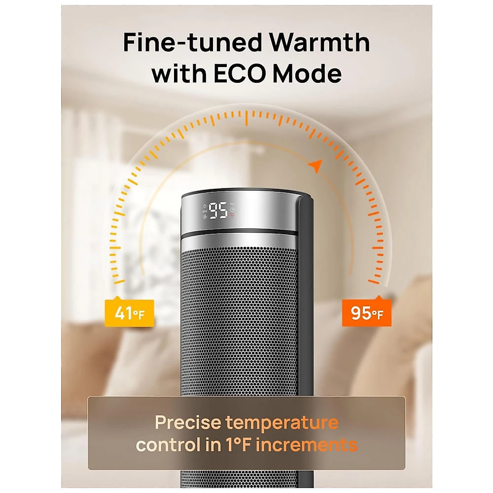 Aquecedor de Torre DREO Prata Oscilação 70° PTC Cerâmico 1500W 58,60 cm Timer 12h Controle Remoto 120V