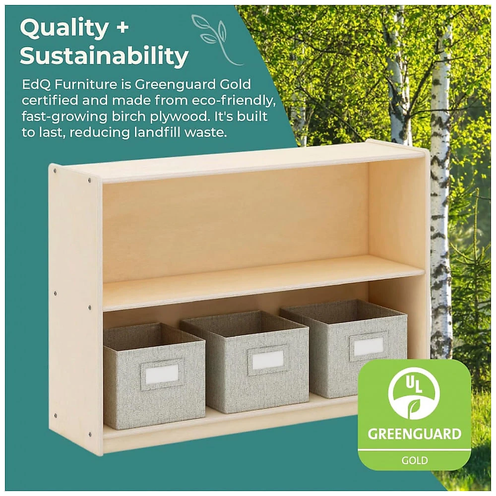Estante baixa Guidecraft EdQ Two Shelf Open Storage 30" Natural com 2 prateleiras abertas e 3 caixas de tecido 107cm