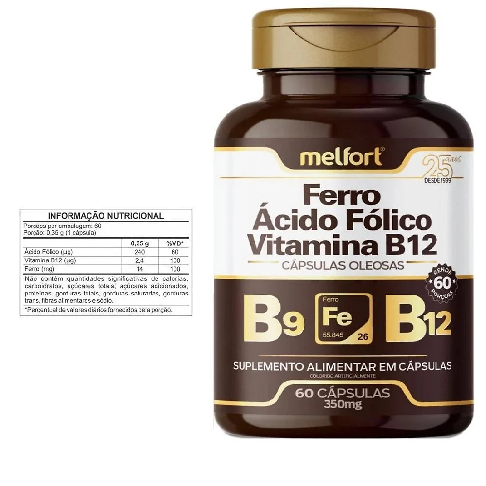 Miniatura Ferro Acido Folico Vitamina B12 60 Caps 350Mg Melfort