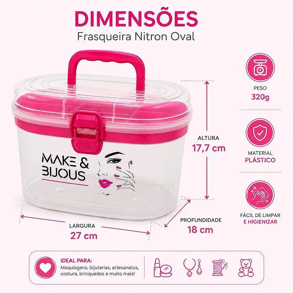Frasqueira Oval com Bandeja Organizadora Maquiagem Cosmeticos Acessorios Costura Manicure Plastico