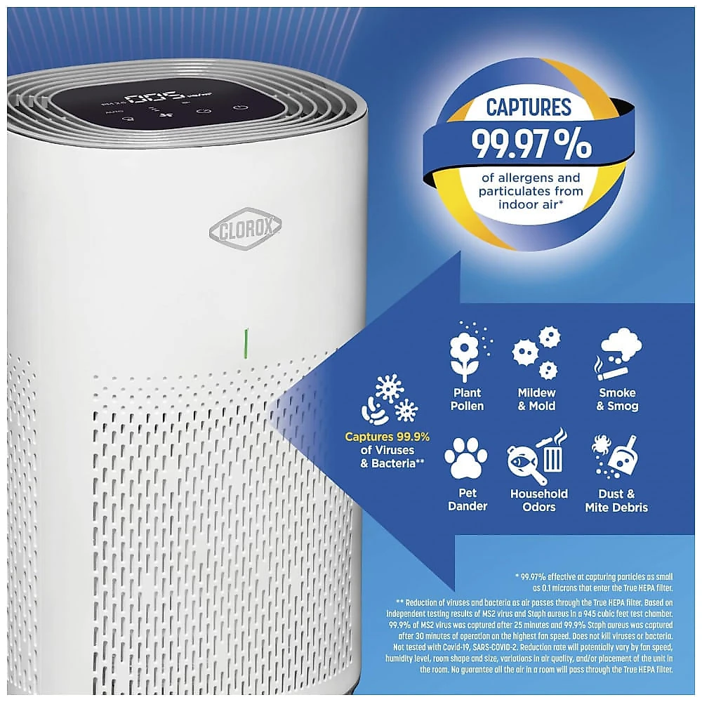Purificador de Ar com Filtro HEP, Modo Automático e Silencioso, Cobertura 92 m2, 110V, Clorox, Branco