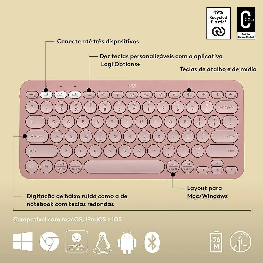 Teclado sem fio Logitech Pebble Keys 2 K380s - Rosa Teclado sem fio Logitech Pebble Keys 2 K380s com Conexão Bluetooth e USB Logi Bolt, Easy-Switch para até 3 dispositivos e Pilha Inclusa - Rosa