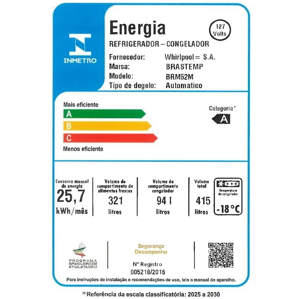 Geladeira Brastemp Frost Free Duplex BRM52MK, 415 Litros, Cor Inox - 110V 110 Volts