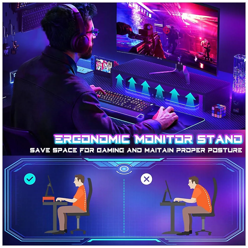 Mesa Gamer de Fibra de Carbono em Formato de L, 43" 109 cm com Luz LED, Suporte para Monitor, Tomadas, Ganchos para Fone de Ouvido e Mesa de Canto 110v