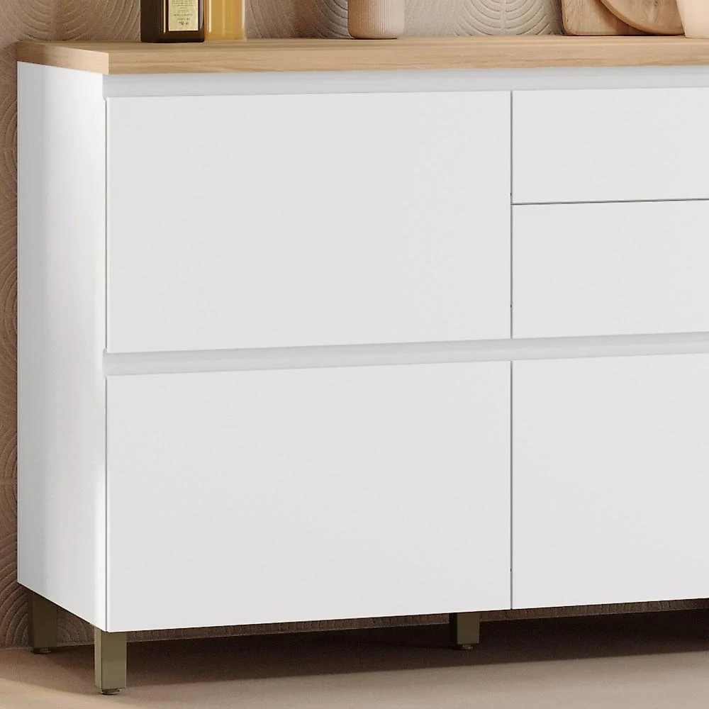 Balcão 1 Porta Basculante 4 Gavetas 120Cm  100% Mdf Rainha Branco/Nature