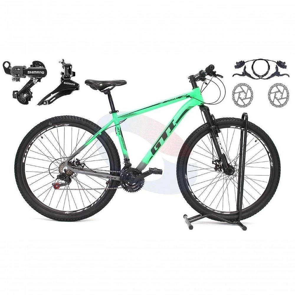 Bicicleta Aro 29 Gti Roma 21v Alumínio Câmbios Shimano Freio Disco Hidráulico Garfo Suspensão - Verde-cinza Tam.15