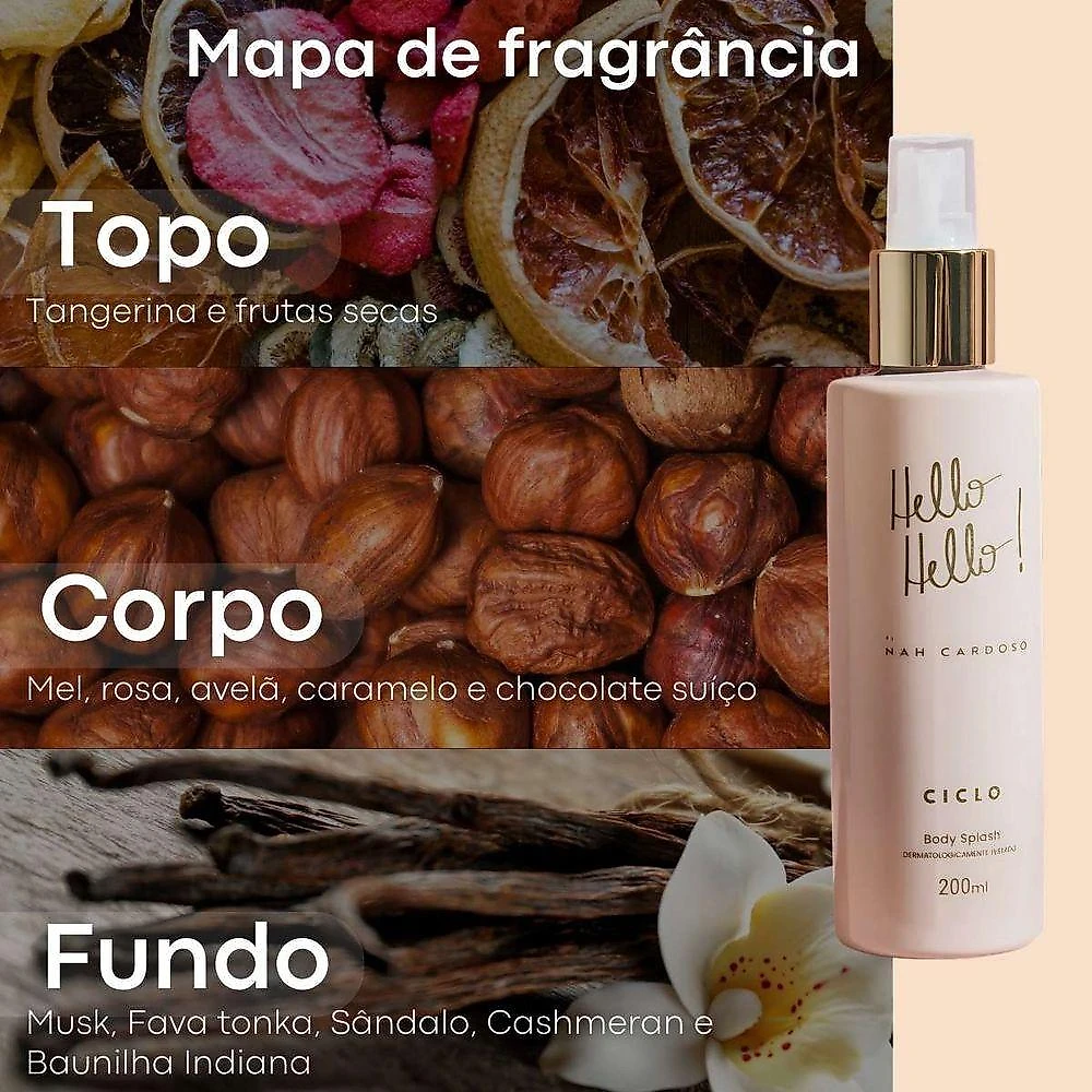 Body Splash Hello Feminino Desodorante Colônia Oriental Gourmand 200ML