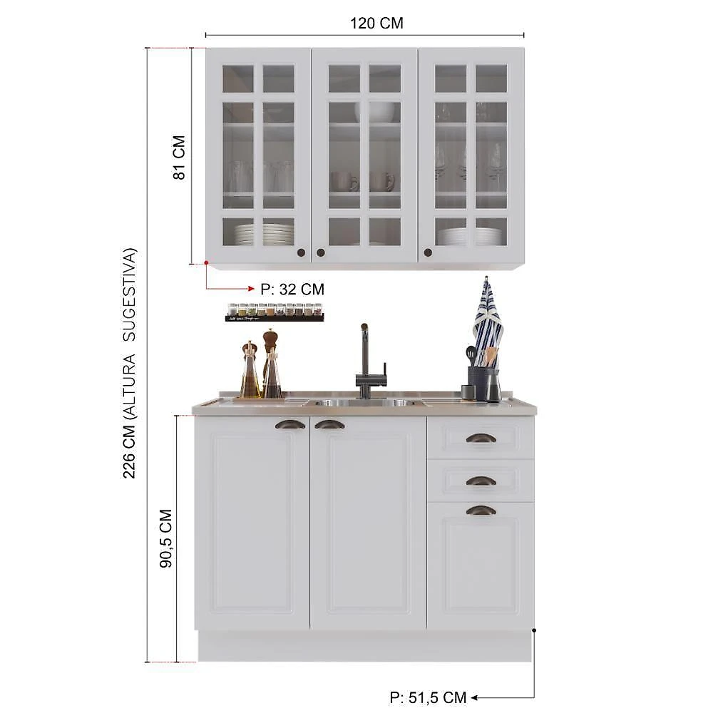 Armário de Cozinha Modulada Compacta Nara MDF 120CM Branco Fidelita Móveis webcontinental-7899208868528