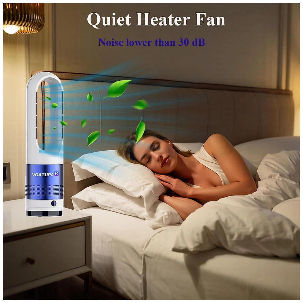 Ventilador Torre Sem Pás Voagupa Branco Azul Aquecedor 1400W Ventilador 40W Oscilação 80° Timer 9h 120V