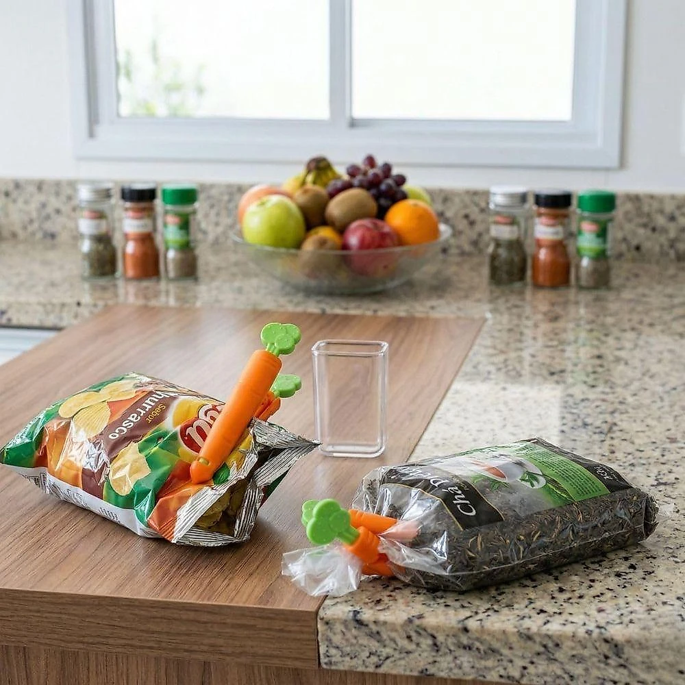 Kit 5 Prendedores de Embalagem Formato Cenoura com Suporte Magnético para Alimentos Plástico #TDD