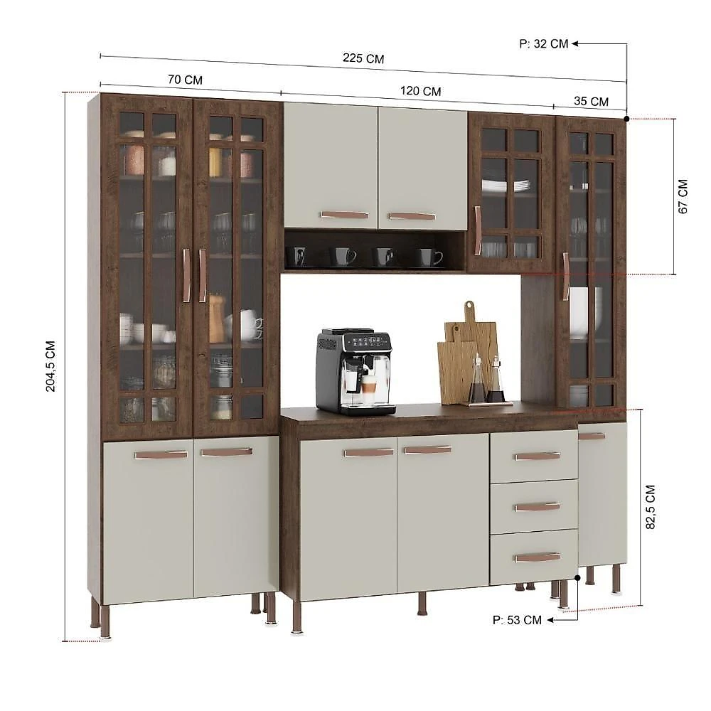 Cozinha Modulada Compacta 4 Peças Lisboa 11 Portas 3 Gavetas MDF-MDP Noce-off-white Fidelita Móveis