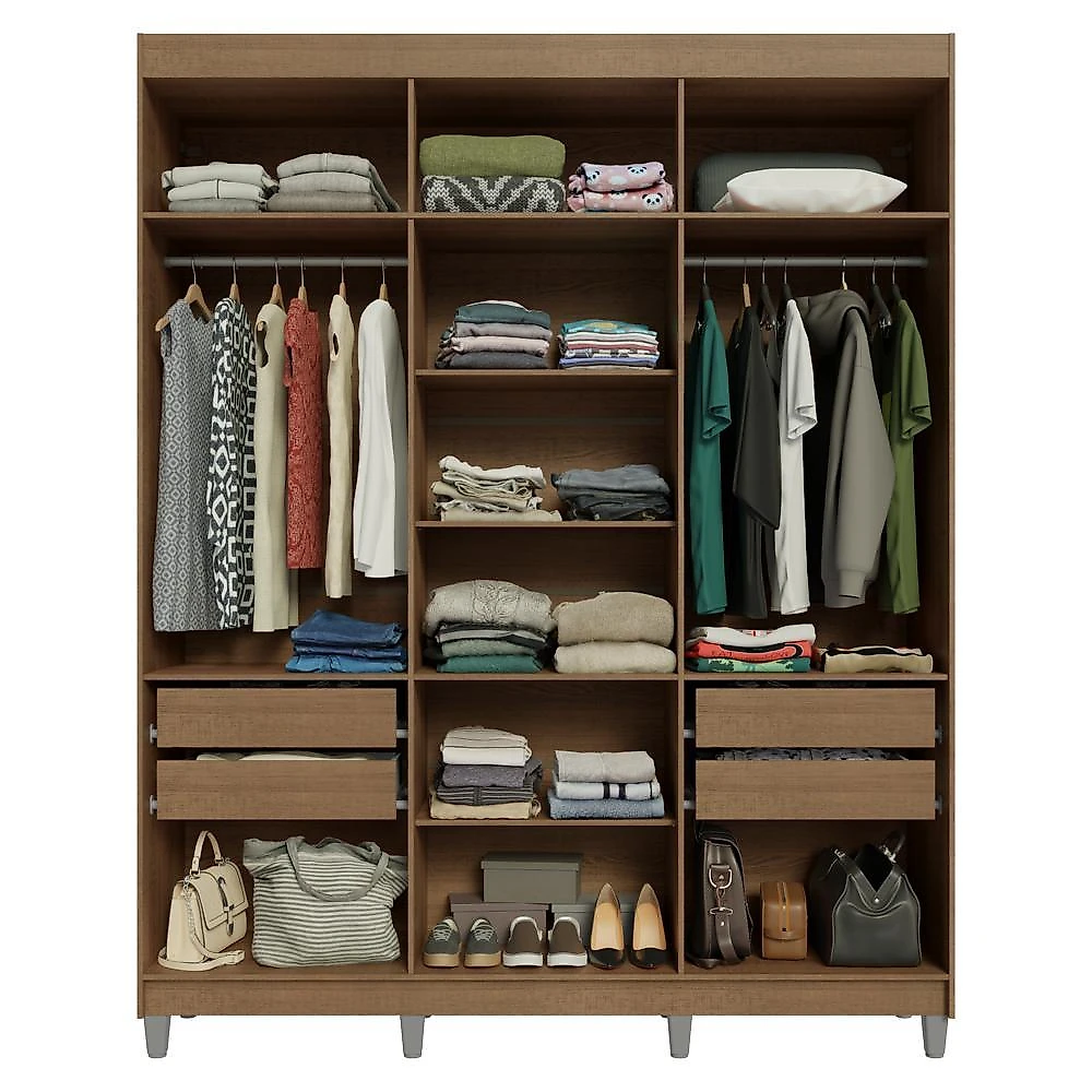 Guarda-roupa casal com pés 6 portas batentes com espelho rustic/crema/rustic saturno madesa