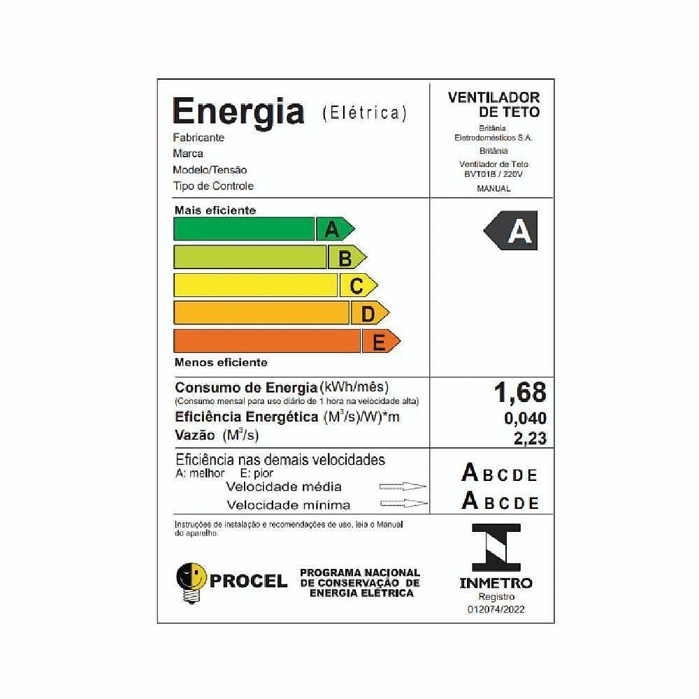 Ventilador de teto britânia 131w 3 pás 3 velocidades branco modelo cancun bvt01b 220v