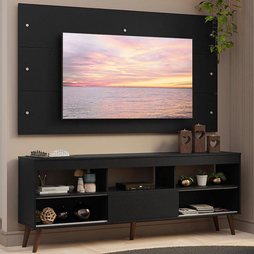 Rack com painel para tv até 65 polegadas com pés preto detroit madesa