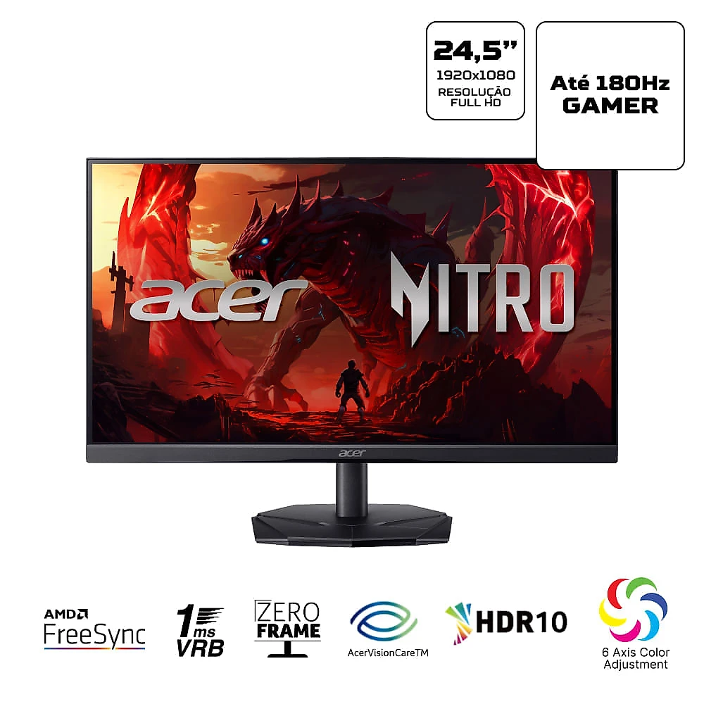 Monitor Acer Nitro 24.5” Monitor Acer Gamer Nitro KG251Q P3biip 24.5” Full HD 180 Hz 1ms