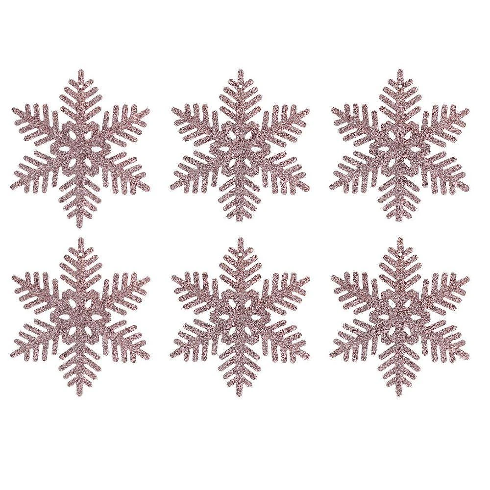 Enfeite Natalino Floco Neve Gliter Rosê Gold com Cordão Rosê Yangzi 6 Peças