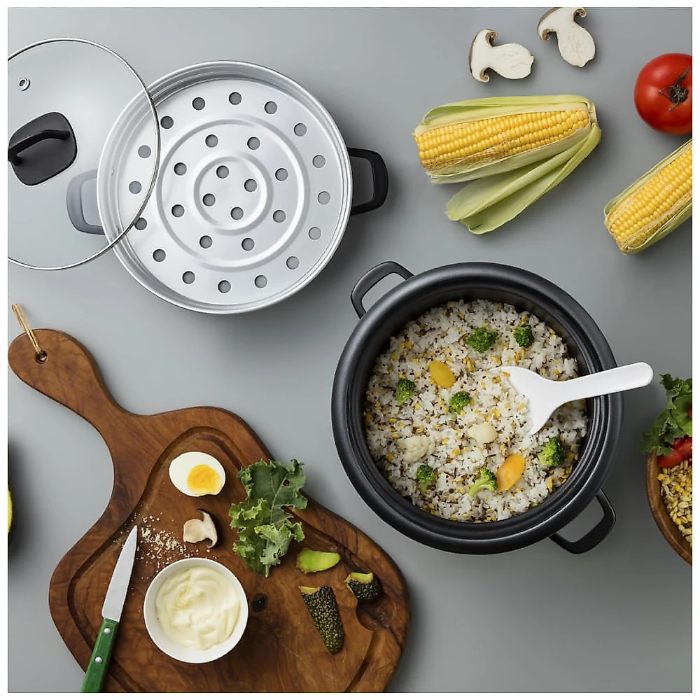 Panela de Arroz e Vaporizador Aroma Housewares 6 Xícaras (cozido) / 3 Xícaras (cru), Estilo Panela, Branco, com Capacidade de 1,8L.