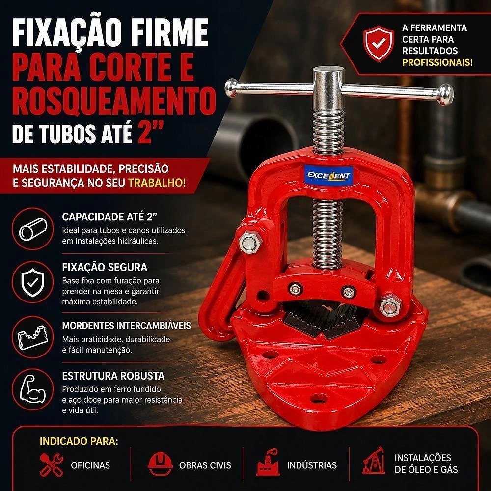 Morsa de Bancada para Tubo Torno Encanador 5kg Corte e Rosqueamento Até 2 Polegadas Base Fixa