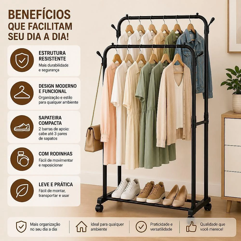 Guarda Roupa Arara Dupla com Rodinhas e Sapateira 70CM Aco Organizador Yeet
