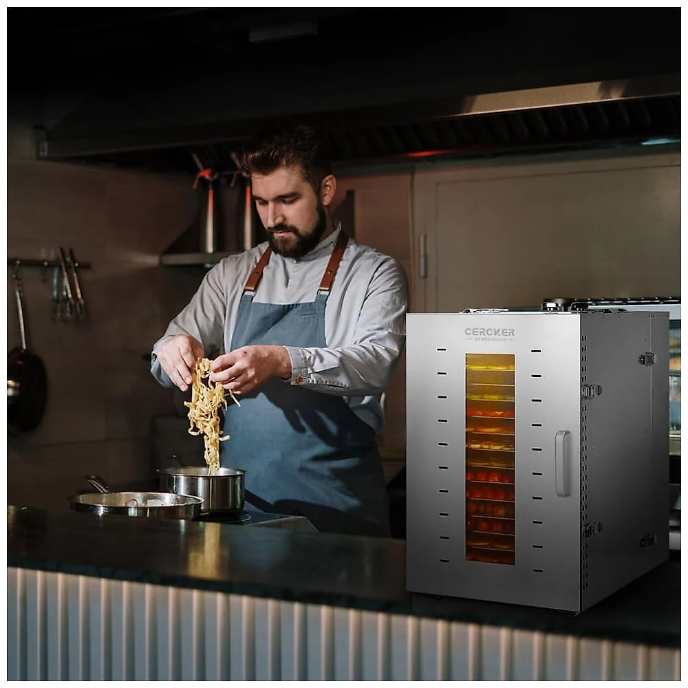 Desidratador de Alimentos Comercial Cercker 1500W com 16 Bandejas, Aço Inoxidável. 110v