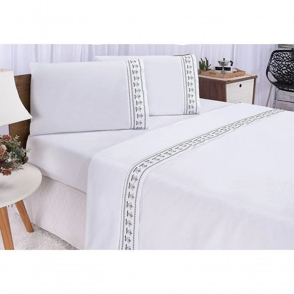 Jogo Lençol Tulipa Quarto Casal Queen Bordado 4 Peças 2fronha Cor: Branco Com Cinza
