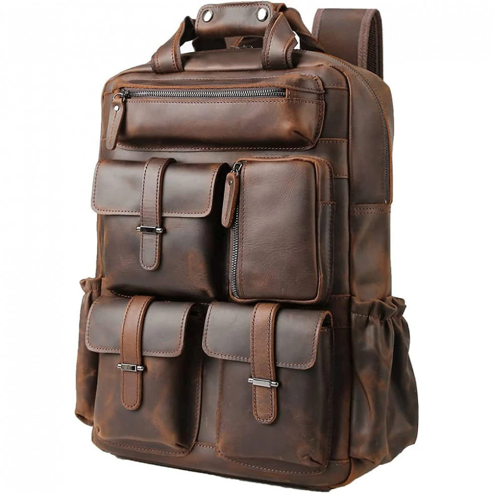 Mochila Masculina para Laptop de Couro, MASA KAWA, Marrom