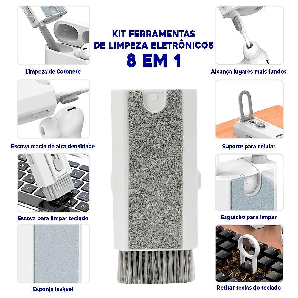 Kit Ferramentas De Limpeza Eletrônicos 8 Em 1 Teclado Headset Fones Notebooks Celulares Branco
