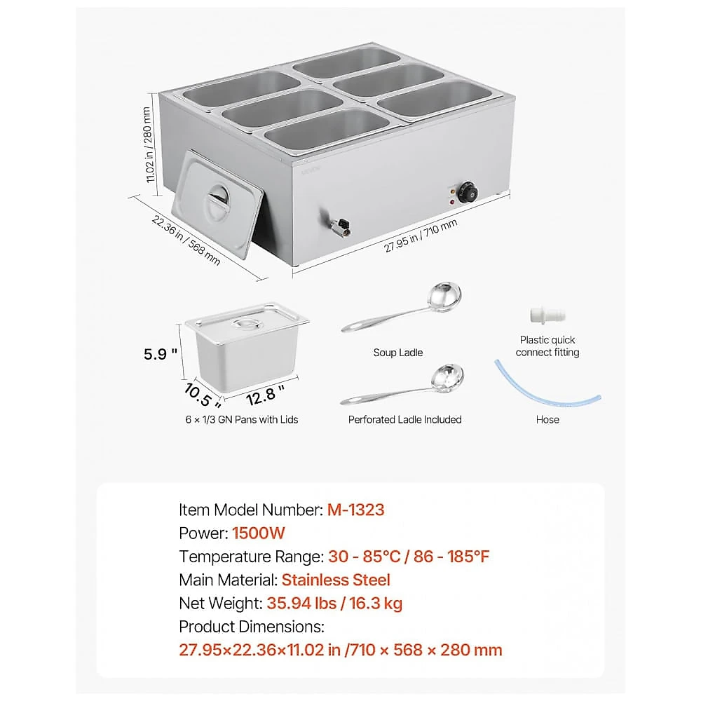 Aquecedor de Alimentos Buffet VEVOR M-1323 6 Cubas Banho-Maria 22,7L Inox 110V
