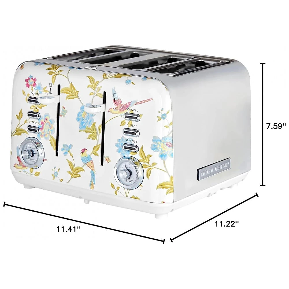 Torradeira 4 Fatias em Aço Inox Laura Ashley Branco com estampa floral Elveden, Slots Largos, 7 Níveis, Funções Descongelar, Reaquecer