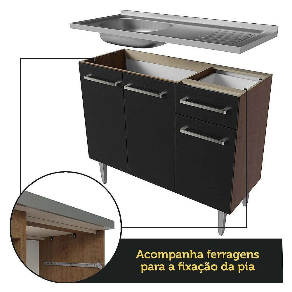 Armário de cozinha compacta 165cm com pia rustic/preto emilly madesa 05