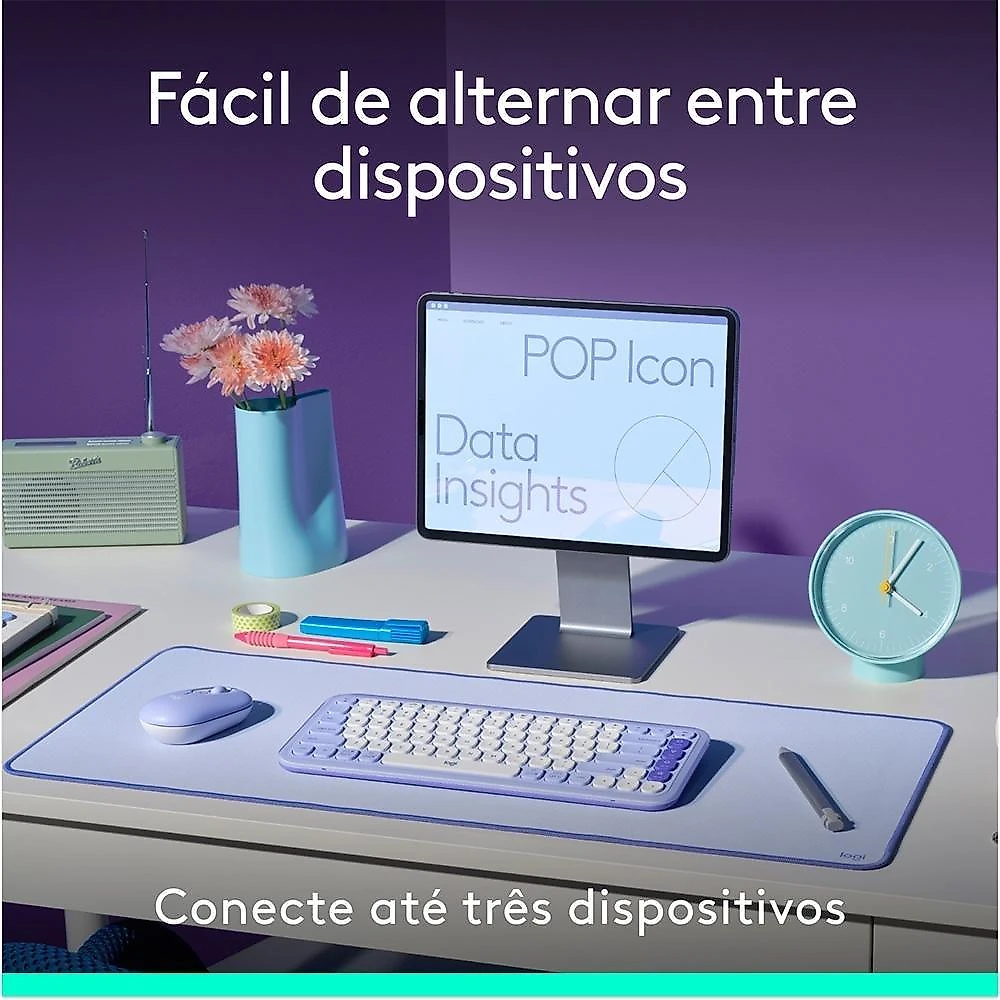 Kit Teclado e Mouse Sem Fio Logitech POP Icon com Teclas e Botões Personalizáveis, Silencioso, Bluetooth, Branco- 920-013057