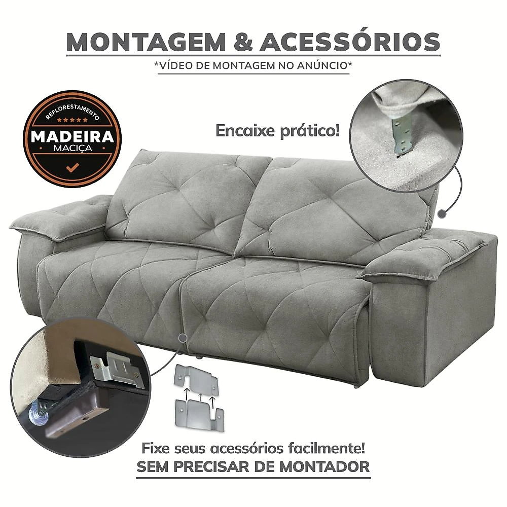 Sofá 230cm retratil e reclinavel 4 lugares Texas Sofá 4 Lugares Retrátil e Reclinável Master Nevoa