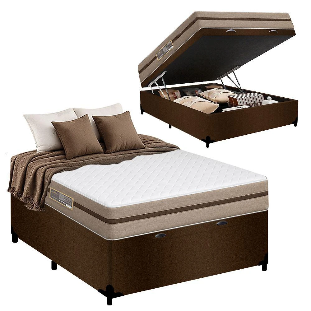 Cama Box Baú Casal Suede + Colchão Molas Ensacadas Bioclassic Marrom Royal Sleep 138CM